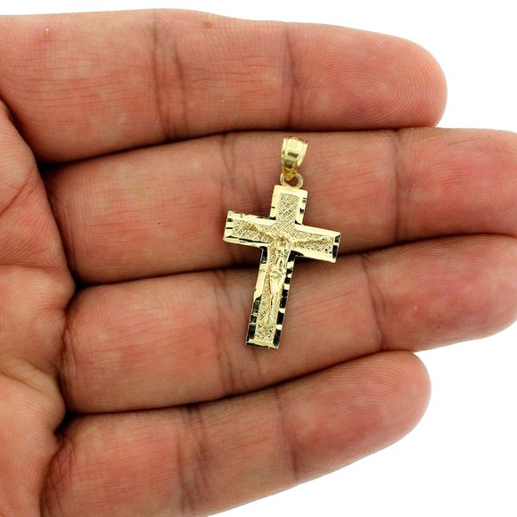 Real 10K Yellow Gold Diamond Cut Cross Pendant